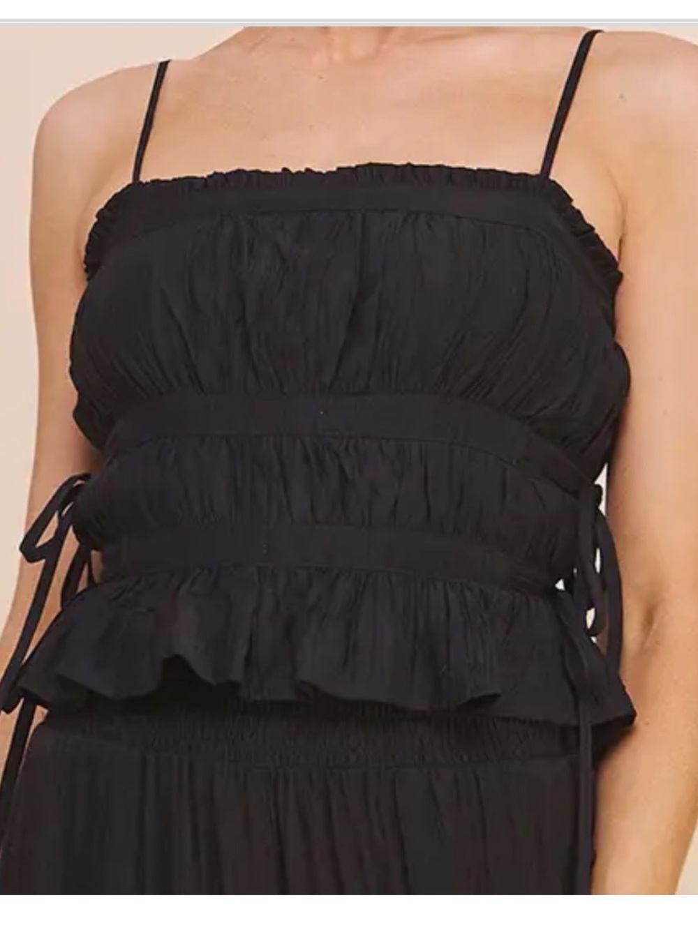 Black Ruched Spaghetti Strap Peplum Top